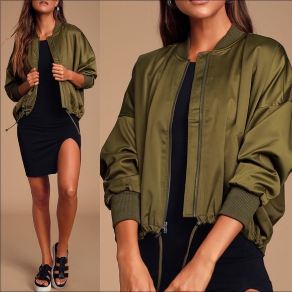 🆕 Jack By BB Dakota Olive Satin Bomber Jacket - Picture 2 of 8